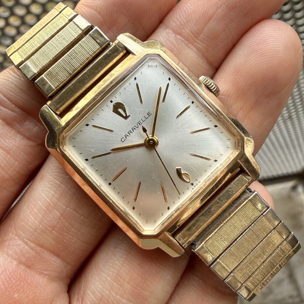 Vintage 70’s Caravelle by Bulova Gold Plated Square Tank Wrist Watch Men’s 28mm
